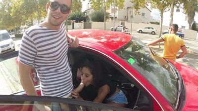 After getting turned on by this stud's advances and flirting, this dark hair honey is willing to do anything for him. She doesn't even care that