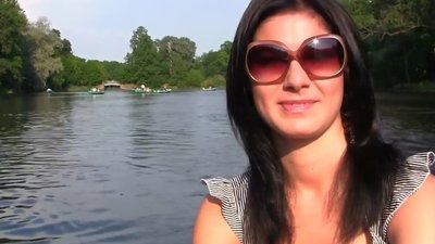 Luscious Russian brunette chick with sunglasses meets pickup artist who invites her for a walk and tries to make her disrobe for money. So legal age